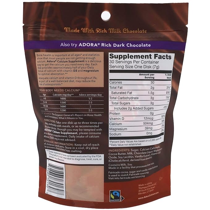 Adora Calcium Supplement Fairtrade Milk Chocolate Pack of 12 - 30 ct