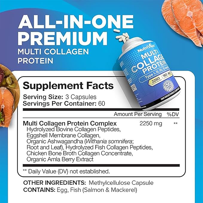 Nutrivein Premium Multi Collagen Capsules &amp Ashwagandha Supplements Bundle: High-Absorption Ashwagandha Root &amp Multi Collagen Peptides Capsules for Body and Mind