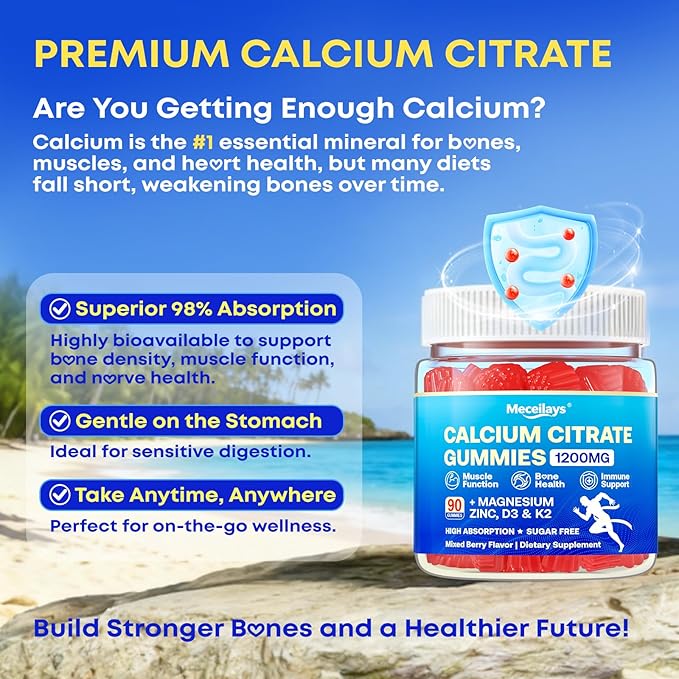 180 Count Calcium Citrate Gummies 1200 mg with Vitamin D3 K2 Magnesium &amp Zinc High Absorption Calcium Supplements for Women &amp Men for B0ne Muscle &amp Immune Support Sugar Free Mixed Be