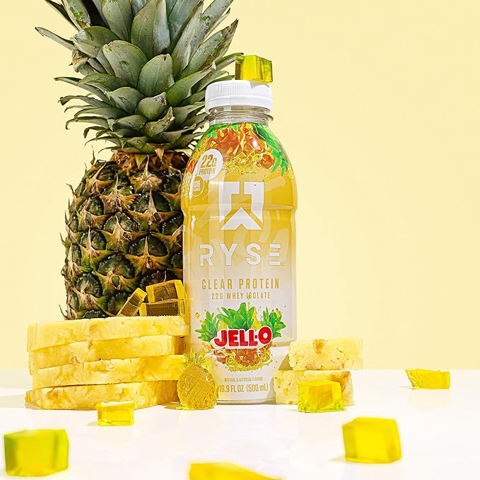 RYSE Clear Protein Drink - Jell-O Island Pineapple - 100 Calories 22g Whey Isolate Protein Shake Sugar-Free 0g Fat &amp Lactose-Free - Refreshing Ready-to-Drink Beverage - 16.9 fl oz Bottles (12-P