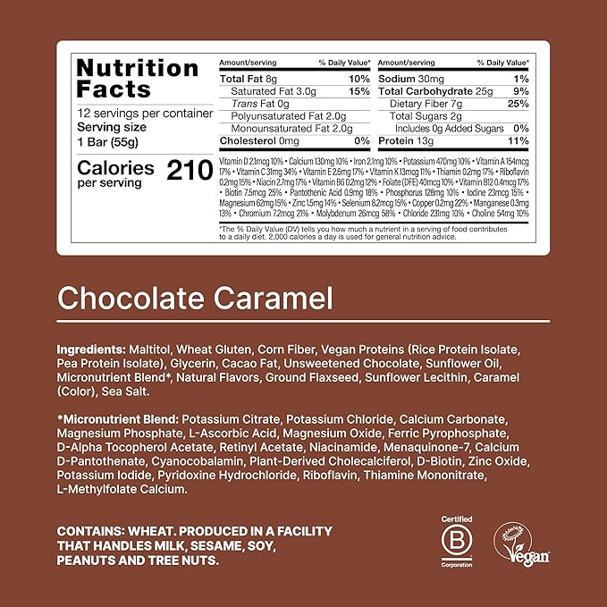 Huel Complete Nutrition Vegan Protein Bars | Chocolate Caramel | 13g Protein | 27 Vitamins &amp Minerals 2g Sugar Non-GMO 100% Plant Based Snack | 12 Pack