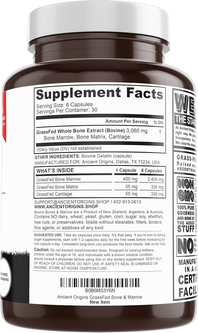 Grass Fed Bone Marrow Supplement 3060mg Skin Oral Health and Joint Support Supplement Promotes Whole-Body Wellness Non GMO Whole Bone Extract 180 Capsules