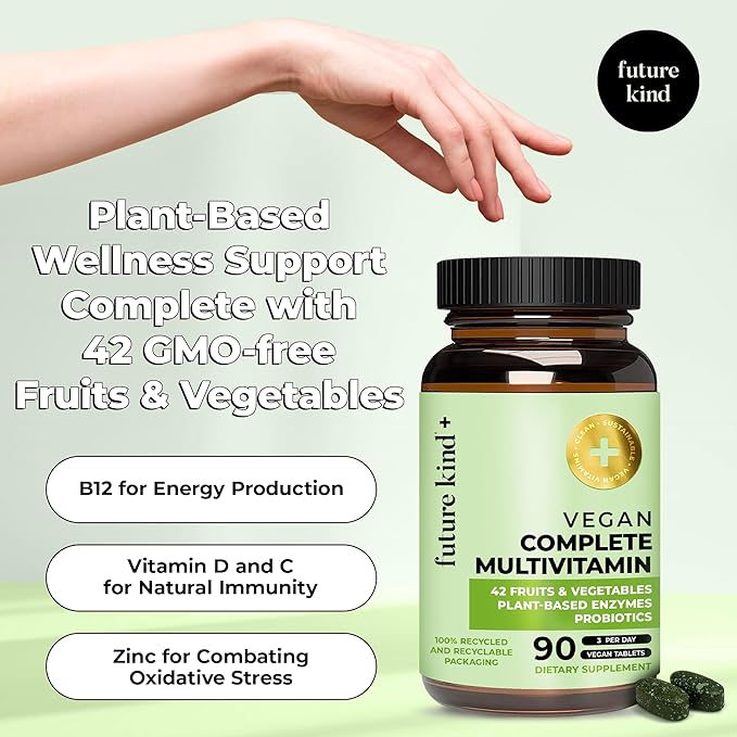 Future Kind Vegan Multivitamins Complete - 42-in-1 Vegan Multivitamins for Women &amp Men with Enzymes B12 Zinc &amp Probiotics for Digestion (90 tabs in Recycled Bottle)