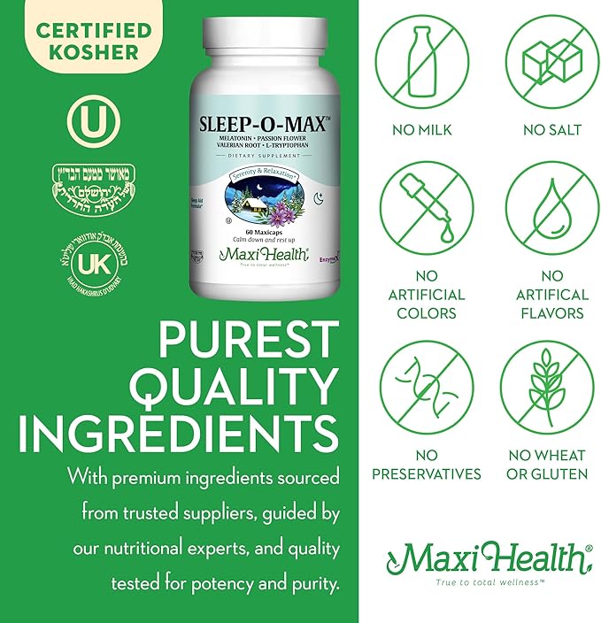 Maxi Health Adults Herbal Sleep-O-Max with Valerian Root Melatonin Tryptophan Passionflower - Natural Sleep Supplement - Calm Sleep Support Formula