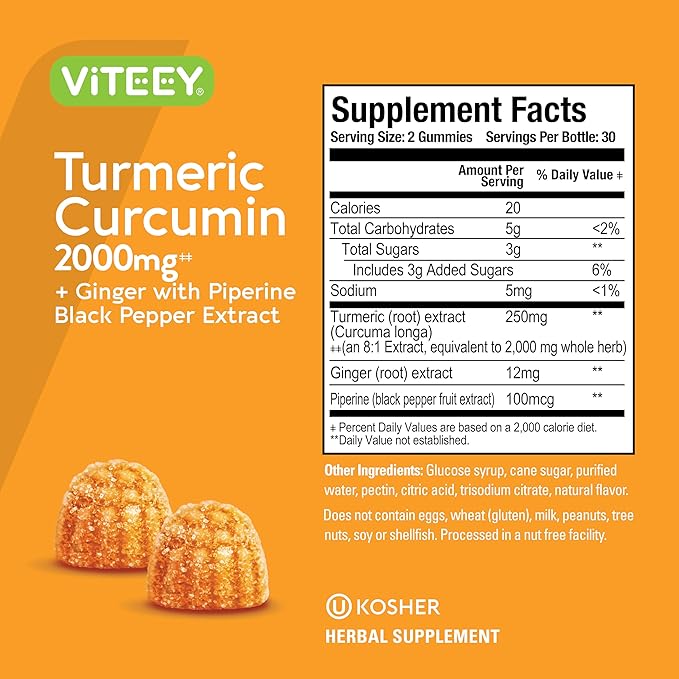 Viteey Turmeric Gummies with Turmeric Curcumin Ginger &amp Black Pepper Extract - Immune Support Healthy Skin and Joint Health - Vegan Gelatin Free GMO Free - Tasty Chewable Peach Flavored-120 C