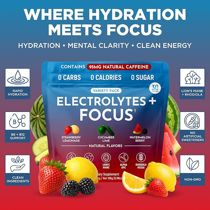 Keto Vitals Super Focus Drink Mix with Electrolytes &amp Caffeine Powder Packets - Nootropic Brain Support Supplement for Energy and Focus - Includes Lions Mane L Tyrosine &amp Rhodiola - 30 Servin