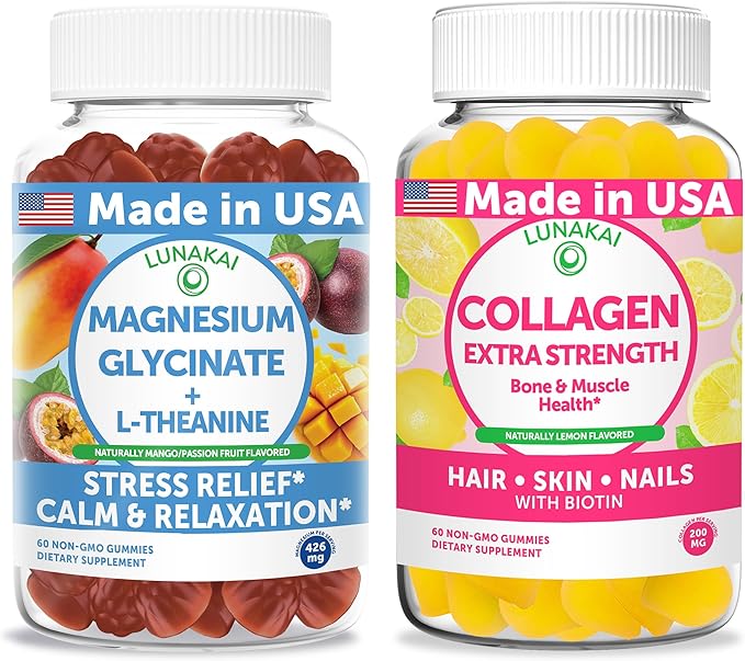 Lunakai USA Made Magnesium Glycinate with L-Theanine + Collagen Extra Strength Gummies Bundle – Naturally Flavored Non-GMO – 60ct Each