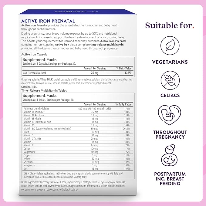 Active Iron Supplement 25mg + Prenatal Multivitamin Clinically Proven to Increase Iron &amp Reduce Tiredness Maximum Absorption Gentle Non-Constipating 30 Capsules + 30 Time Release Tablets