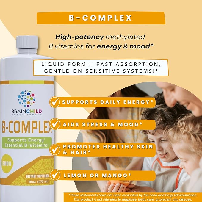 BrainChild B-Complex Liquid - High-Potency Methylated B Vitamins for Energy Stress &amp Mood Non-GMO Vegan Gluten-Free Lemon - 16oz