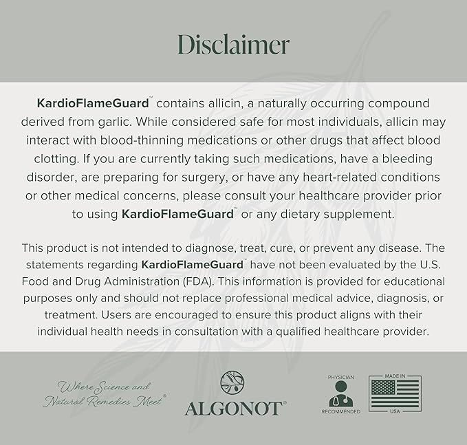Algonot KardioFlameGuard – Heart Health Supplement Cardiovascular Support with Allicin Folinic Acid Isoquercetin Berberine – 60 Capsules