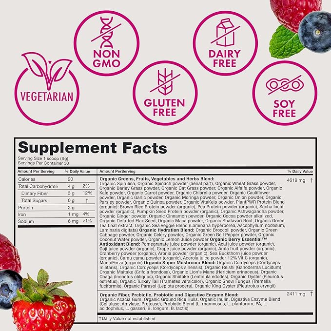 Zena Nutrition Organic Supergreens Greens Powder 70+ Superfoods Mixed Berry 30 Servings + Bovine Colostrum &amp Collagen Powder Supplement Supports Immunity Digestion Hair Beauty