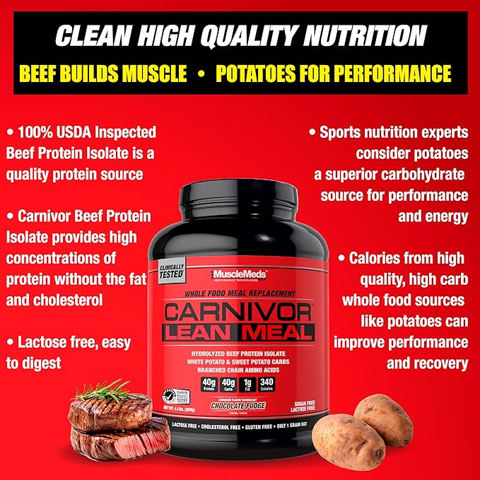 MuscleMeds CARNIVOR Lean Meal Whole Food Meal Replacement Shake MRE Beef Protein Isolate White Potato Sweet Potato 40g Protein 40 g Carbs Lactose Free Sugar Free Chocolate Fudge 20 Servings