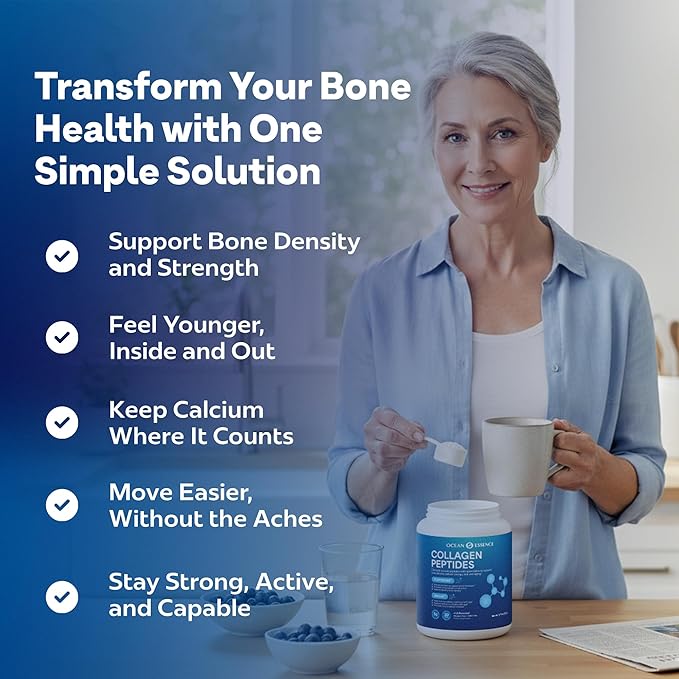 OCEAN ESSENCE Collagen Peptides for Bone Health with Fortibone Vitamin K2 &amp Miricell – Bone Density Support Healthy Aging Easy-Dissolve Collagen Powder for Adults Unflavored Made in USA