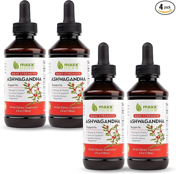 Maxx Herb Ashwagandha Extract – Max Strength Liquid Tincture Absorbs Better Than Capsules or Powder - for Stamina Memory and Immune Support – 4 Bottles 4 Oz Each (240 Servings)