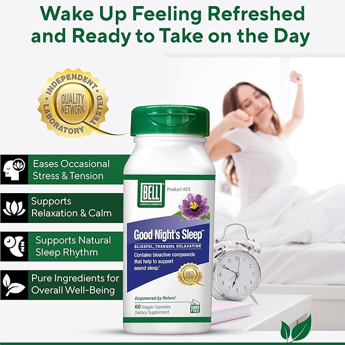 Bell Lifestyle Good Night's Sleep - Natural Sleep Support with Melatonin and Herbal Extracts Supports Relaxation &amp Sleep Patterns 60 Veggie Capsules