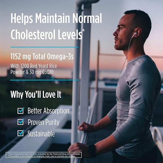 Nordic Naturals Cholesterol Support Lemon - 60 Soft Gels - 975 Omega-3 + Red Yeast Rice &amp CoQ10 - Normal Cholesterol Antioxidant Support - EPA &amp DHA - Non-GMO - 20 Servings