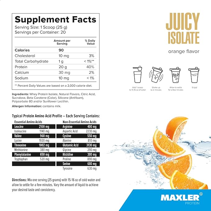 Maxler Juicy Isolate Protein Powder - Clear Whey Isolate - Low Lactose Fat Free Sugar Free Muscle Recovery Drink for Pre &amp Post Workout - Orange 1.1 lb (20 Servings)
