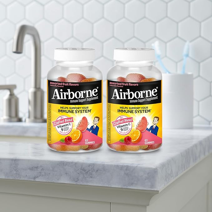 Airborne 750mg Vitamin C Gummies for Adults Immune Support Gummies with Powerful Antioxidants VIT C &amp E Caffeine Free - 2x63ct Bottle (42 Servings) Assorted Fruit Flavor