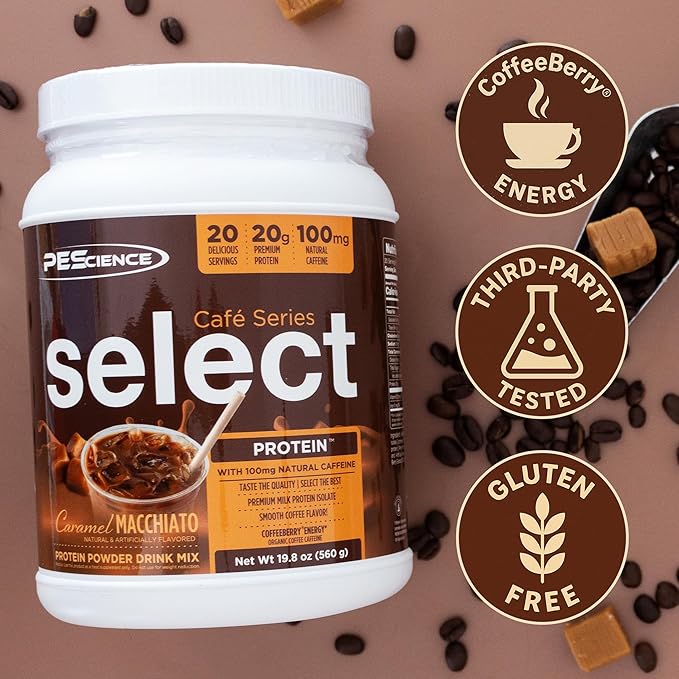 PEScience Select Cafe Protein Coffee Flavored Powder 100mg Caffeine 20g Iced Protein Coffee Powder or Creamer - Caramel Macchiato 20 Servings