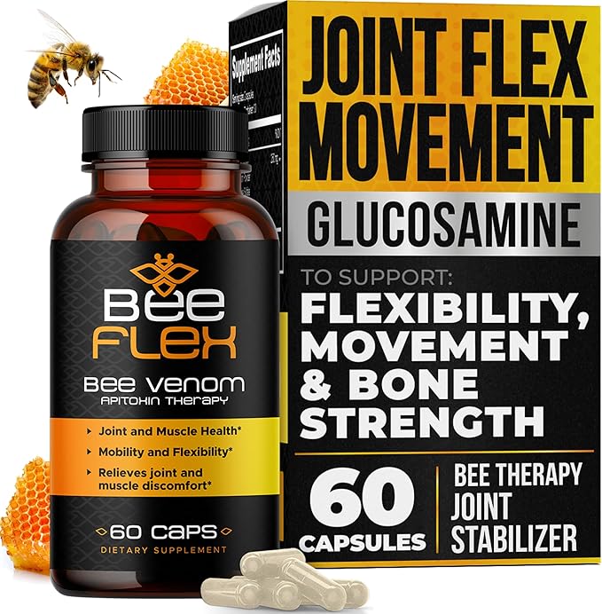 Bee Flex Joint Support Supplements - Glucosamine &amp Turmeric for Joint &amp Muscle Health Enhanced Mobility Flexibility and Comfort - Natural Cartilage Support Complex - 60 Capsules (1)