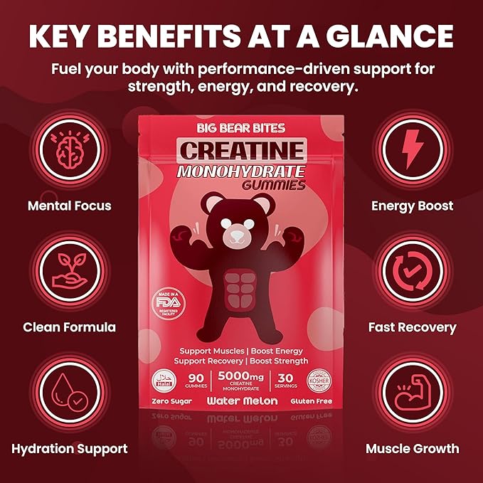 Creatine Monohydrate Gummies Bundle – Strawberry &amp Watermelon | 5000mg Per Serving | Sugar-Free Gluten-Free &amp Halal | 180 Gummies Total (2 x 90 Count) | Pre Workout &amp Muscle Support