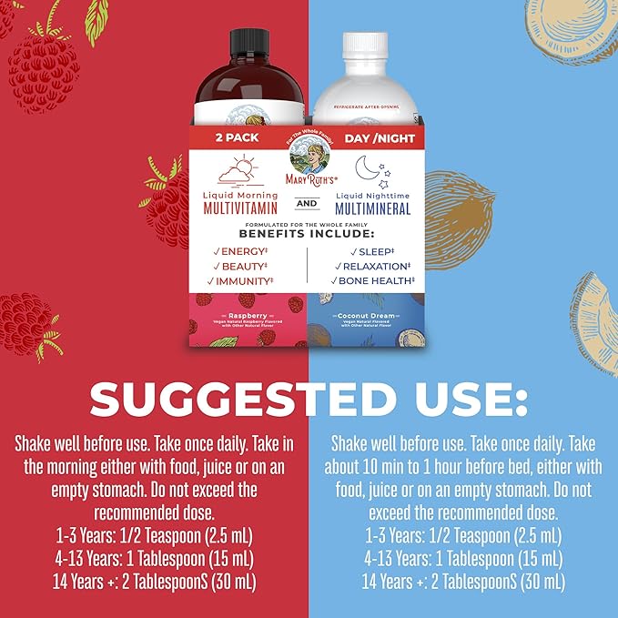 MaryRuth Organics Liquid Morning Multivitamin &amp Liquid Nighttime Multimineral Bundle Vegan Vitamin C Vitamin D B Complex Magnesium Energy Beauty Sleep Support NO Melatonin 32 Fl Oz Each