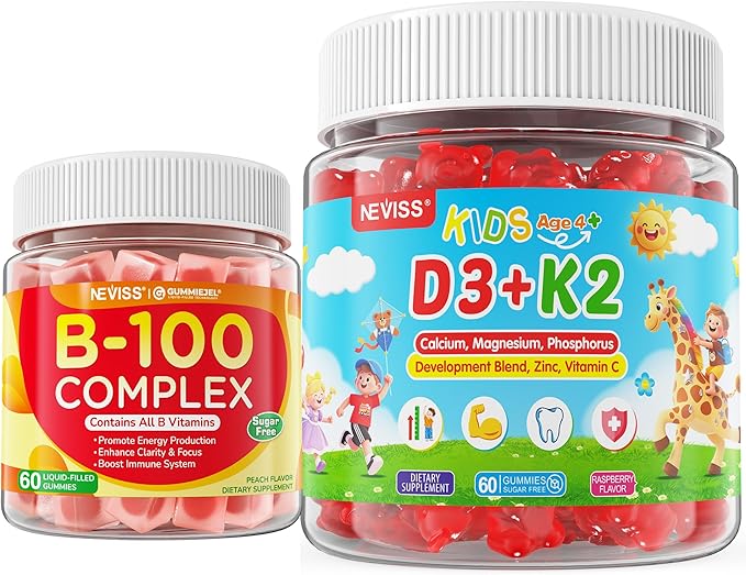 NEVISS Kids Vitamin D3 K2 Gummies 2 Pack + Super Vitamin B Complex Gummies 1 Pack