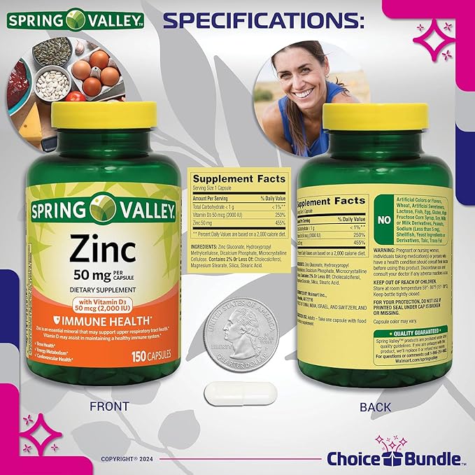Spring Valley Zinc 50 mg with Vitamin D 50 mcg 150 Ct Immune Health Dietary Supplement Capsules 2 pk (300 Total) + Vitamin Vitality &amp Pill Container (4 Items)!