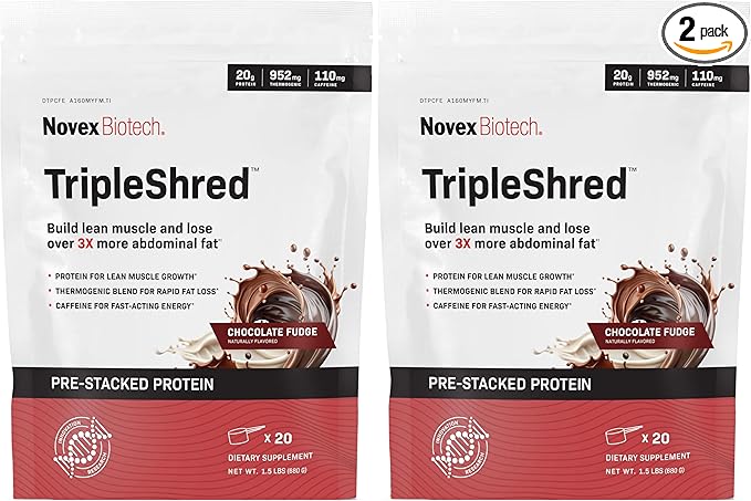 Novex Biotech TripleShred Protein - Pre-Stacked Protein - Increase Energy and Focus - Build Muscle - Chocolate Fudge 20 svgs (Pack of 2)