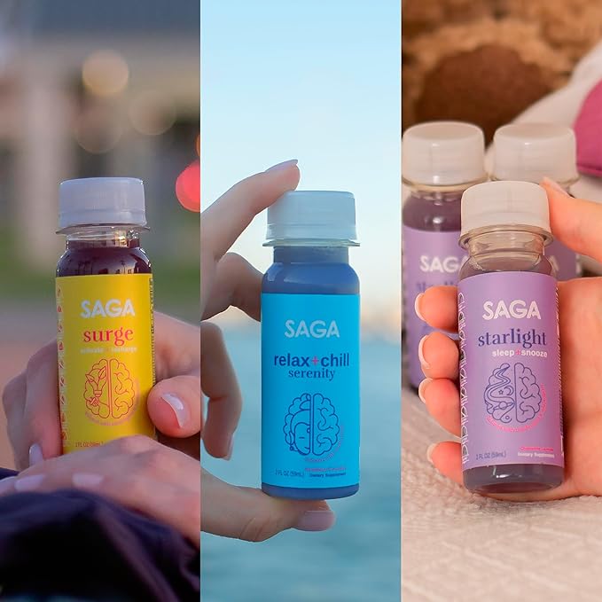 SAGA Functional Shot Variety Pack | Organic Nootropic Drink with Mushrooms Yerba Mate CoQ10 Kava &amp Valerian Root Alpha GPC Melatonin | Energy Relaxation Sleep | 2oz Plant-Based Shots (6-Pa