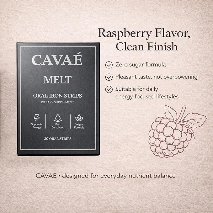 Cavae Iron Melts with 19mg Ferric Saccharate Folate Citric Acid Monk Fruit Naturally Enhances Iron Absorption Gut Health Boost EnergyZero Sugar Raspberry Flavor 30 Oral Strips (1)