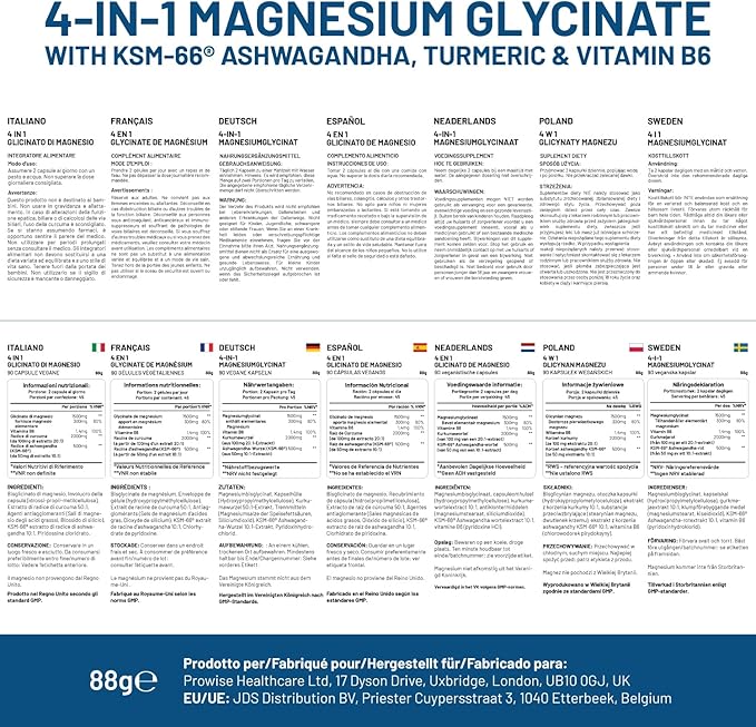 4-in-1 Magnesium Glycinate Added with KSM-66 Ashwagandha Turmeric and Vitamin B6 | 90 Vegan Capsules | 4001 mg per Serving | Easy to Swallow Capsule | GMO &amp Gluten Free | Premium Quality by Prow