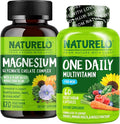 NATURELO One Daily Multivitamin for Men with Vitamins Minerals &amp Organic Whole Foods - 60 Capsules and Magnesium Glycinate Chelate Complex - 120 Capsules Bundle