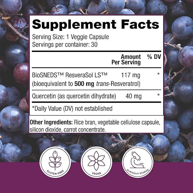 Reserveage Beauty Resveratrol Plus+ 500 mg - Rapid-Release Resveratrol Capsules with Quercetin for Immune System Brain Health &amp Cellular Health - Gluten-Free &amp Vegan - 30 Veggie Capsules