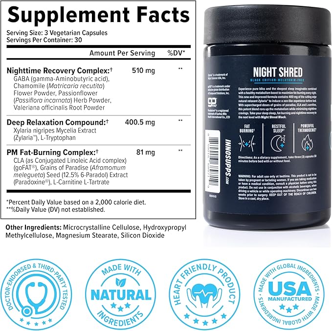 Night Shred Black Melatonin-Free Nighttime Fat Burner and Sleep Support Supplement - GABA Complex with Ashwagandha CLA Grains of Paradise and Zylaria - Thermogenic Fat Burner - 90 Vegan Capsules