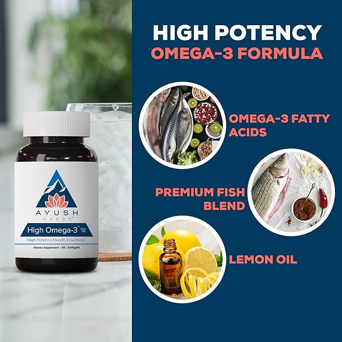 Ayush Herbs High Omega 3 - Omega 3 Fish Oil 1000mg Per Capsule EPA &amp DHA Fish Oil Supplement for Women &amp Men Natural Lemon Flavor - 60 Softgel Capsules (1 Count)