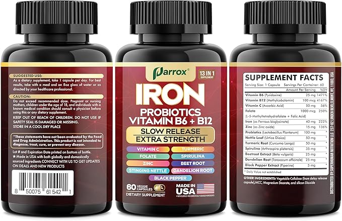 Iron Supplement Slow Release Iron Probiotics Spirulina Turmeric Vitamin B6 Methylated B12 Vitamin C Zinc Beetroot Nettle Leaf Dandelion Root Black Pepper Extra Strength 60 Capsules 3Pack