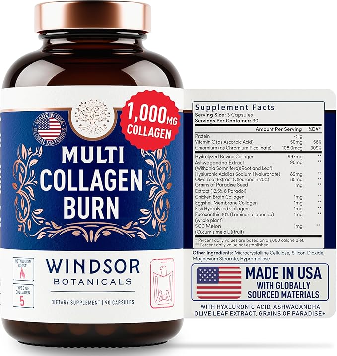 Thermogenic Multi Collagen Burn Capsules - Hydrolyzed Multi Collagen Complex Types I II III V X Marine Collagen Hyaluronic Acid - Beauty and Anti-Aging Supplement for Women and Men - 90 Pills