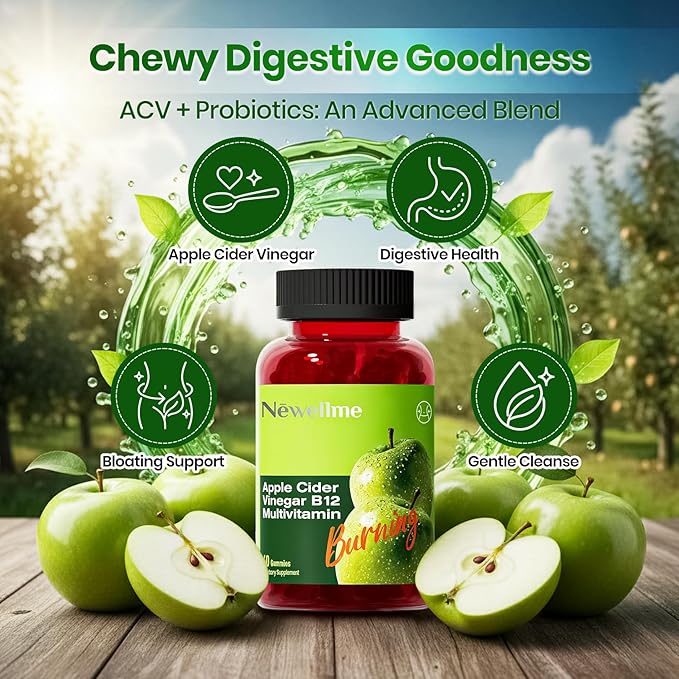 NEWELLME Sugar-Free Apple Cider Vinegar Gummies B12 MultivitaminACV Supplement Gummy VitaminsVegetarian Supplement for Women &amp MenNon GMOSupport Normal Energy Levels &amp Gut Health 120 Gummi
