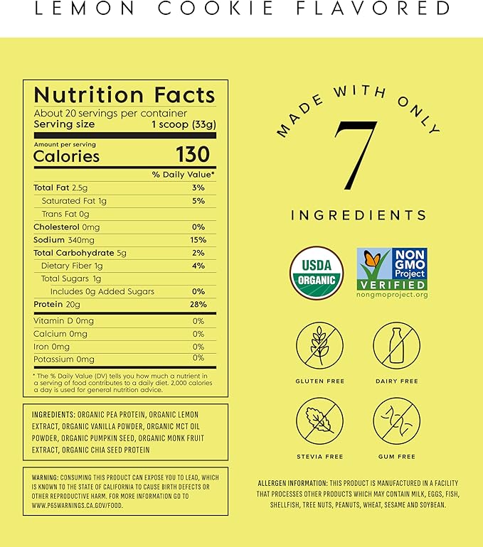 Truvani Vegan Pea Protein Powder | Lemon Cookie | 20g Organic Plant Based Protein | 20 Servings | Keto | Gluten &amp Dairy Free | Low Carb | No Added Sugar