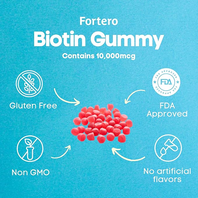 Fortero Biotin Vegan Gummies 10000mcg for Thicker Fuller Hair – Biotin Vitamin A &amp D Folic Acid – Support Healthy Hair Skin and Nail - Non-GMO – Gluten-Free – Gelatin Free (1 Pack)　 (1 Pack)