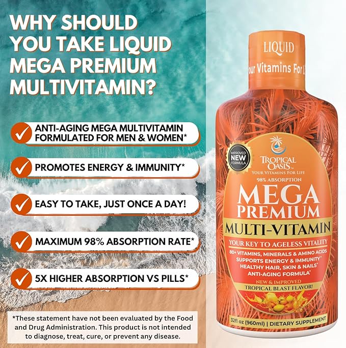 Mega Premium Liquid Multivitamin | Natural Immune Support Vitamin w/ 1333% Vitamin C 200% D3 Zinc + 20 Vitamins 70 Minerals &amp 21 Amino Acids | Sugar Free | Orange Flavor | 98% Absorption | 32