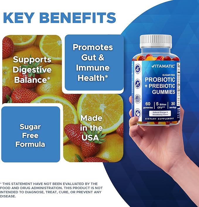 Vitamatic Sugar Free Probiotic Gummies for Men and Women – 5 Billion CFUs - 60Gummies per Bottle | 2 Pack (120 Gummies) Digestive Immune &amp Gut Health Support – Gluten Free