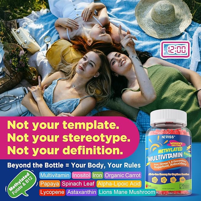 NEVISS AM Methylated Multivitamin Gummies with Iron for Women 26-in-1 Gummy Omega-3 Methylfolate &amp B12 Inositol for Daytime Routine Daily Vitamin Energy Brain Antioxidant Vegan Sugar Fre
