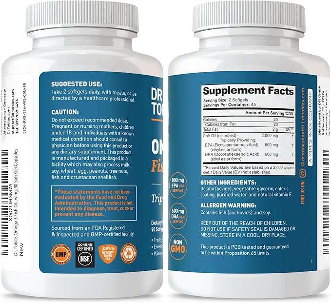 Dr. Tobias Omega 3 Fish Oil 2000 mg + L‑Lysine 500 mg Tablets – Triple Strength EPA/DHA for Heart &amp Brain Support with Essential Amino Acid for Collagen &amp Skin Health