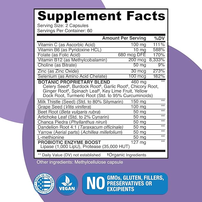 Liver Cleanse Plant-Based Formula - Vegan Full Spectrum Supplement with Milk Thistle Vitamin C and Zinc for Liver Function and Immune Support - 120 Capsules - No Fillers or GMO - Made in USA