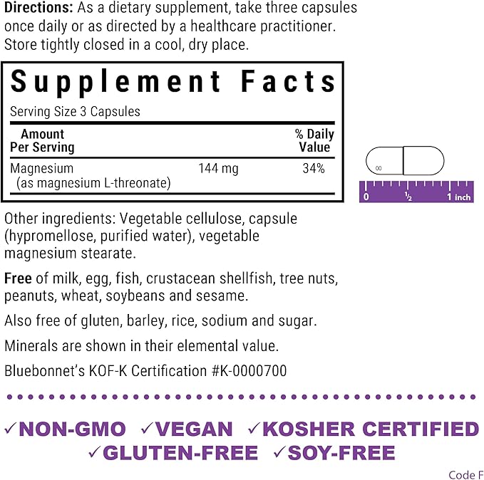 Bluebonnet Nutrition Magtein Magnesium L-Threonate Brain Health* Non-GMO Vegan Kosher Certified Gluten-Free Soy-Free 90 Vegetable Capsules 30 Servings