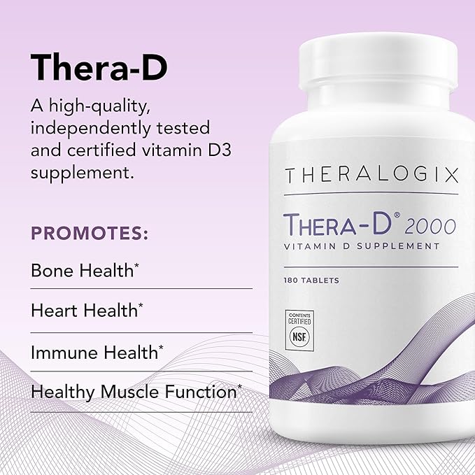 Theralogix Thera-D 2000 Vitamin D Supplement - 2000 IU (50 mcg) Vitamin D3 Tablets - 180-Day Supply - Immune Support Supplement for Women &amp Men - Aids Bone &amp Heart Health - NSF Certified -180