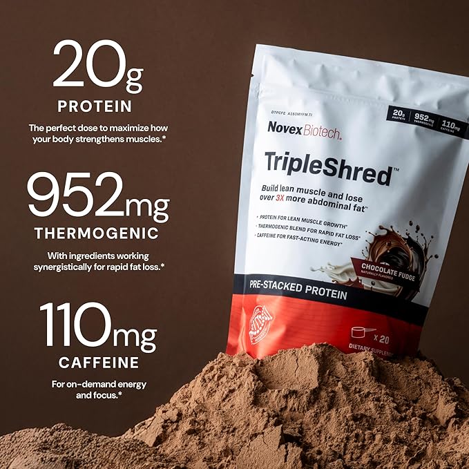 Novex Biotech TripleShred Protein Powder – Lean Muscle &amp Metabolism Support with Thermogenic Blend Caffeine Green Tea &amp Coffee Bean – Weight Management Formula Chocolate Fudge 20 Servings