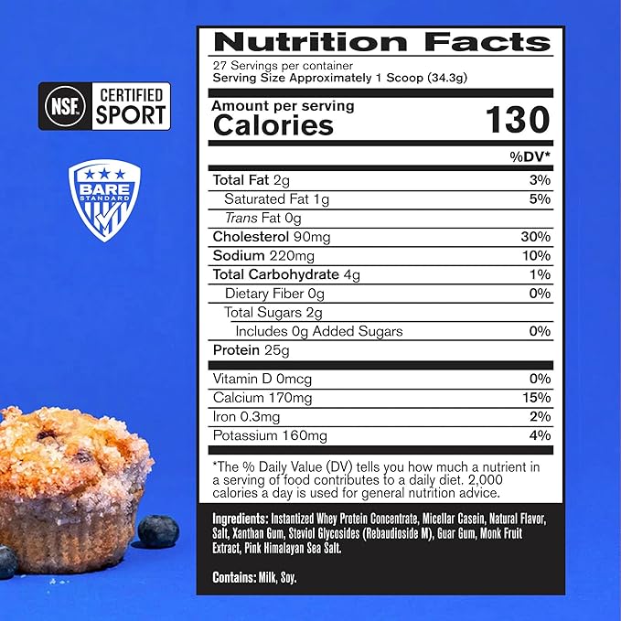 BARE PERFORMANCE NUTRITION BPN Whey Protein + Casein Protein Powder Blend Blueberry Muffin 25g Protein per Serving Supports Lean Muscle Recovery 27 Servings Third Party Tested